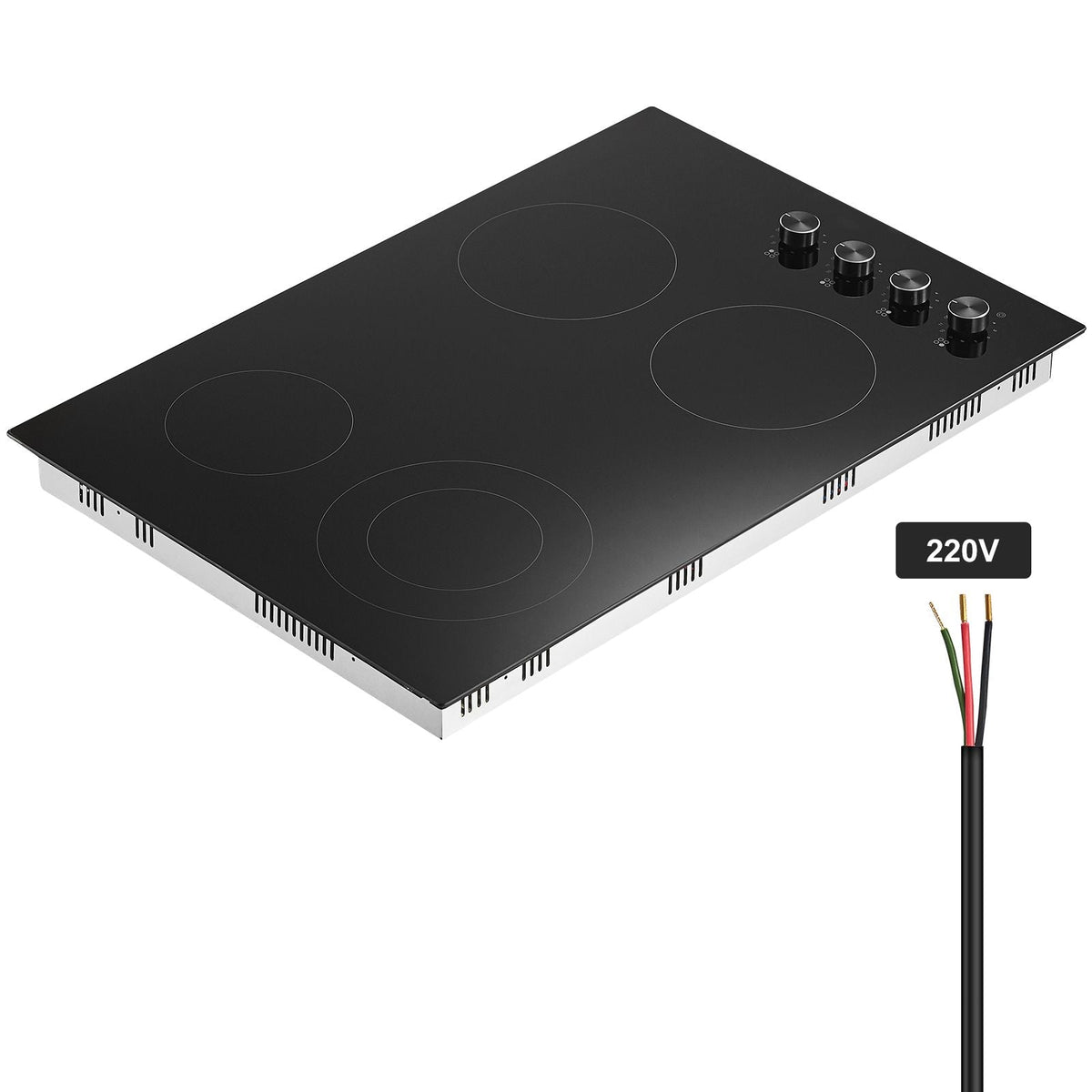 Electric Cooktop, 30 inch 4 Burners Built-in Electric Stove Top, 7200W Ceramic Top Radiant Cooktop, with Glass Panel, Knob Control, 11 Heat Levels, 220-240V, Hard Wire (No Plug)
