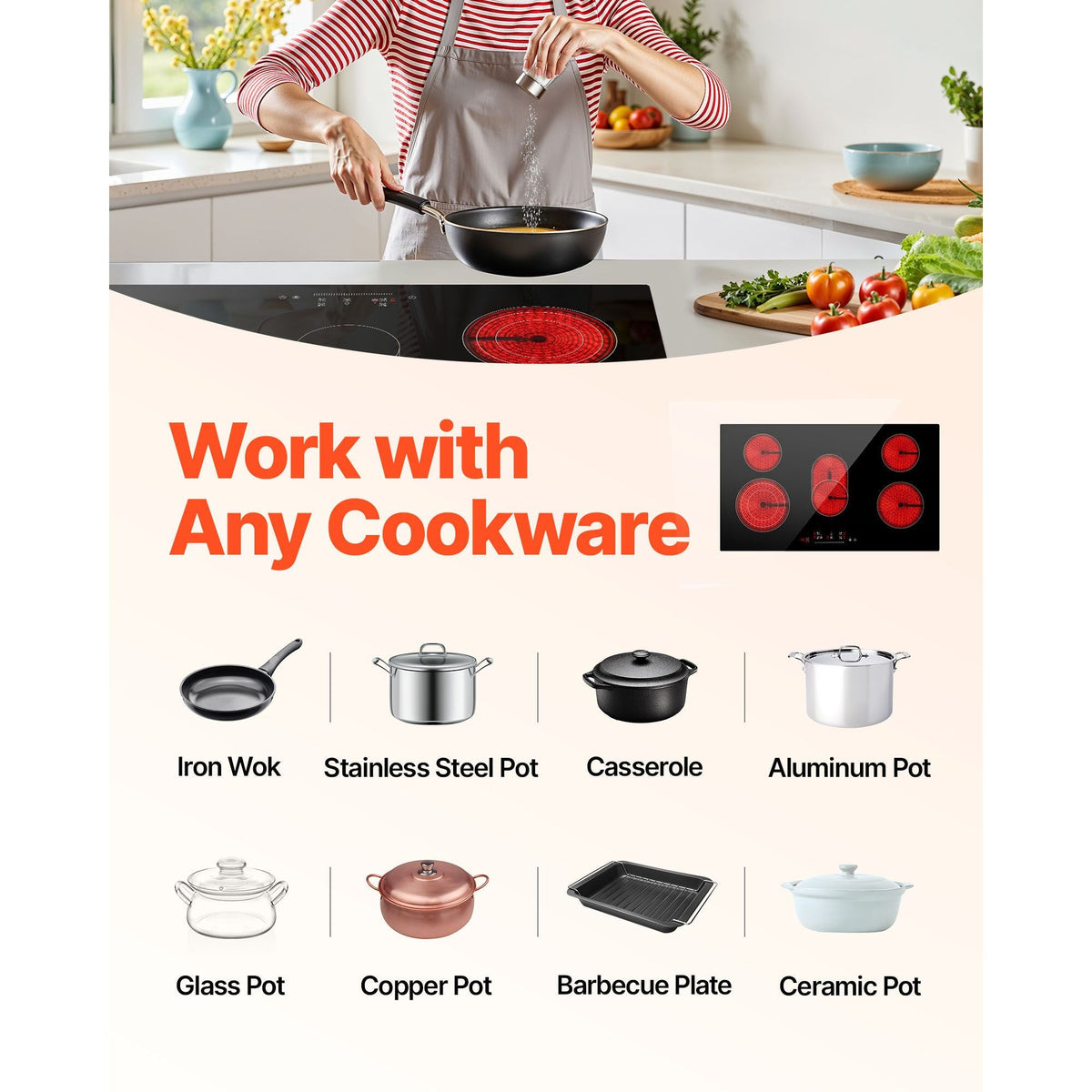 Electric Cooktop, 36 inch 5 Burners Built-in Electric Stove Top, 8600W Ceramic Top Radiant Cooktop with Glass Panel, Touch Control, Timer, Child Lock, 9 Heat Level, 220-240V, Hard Wire (No Plug)