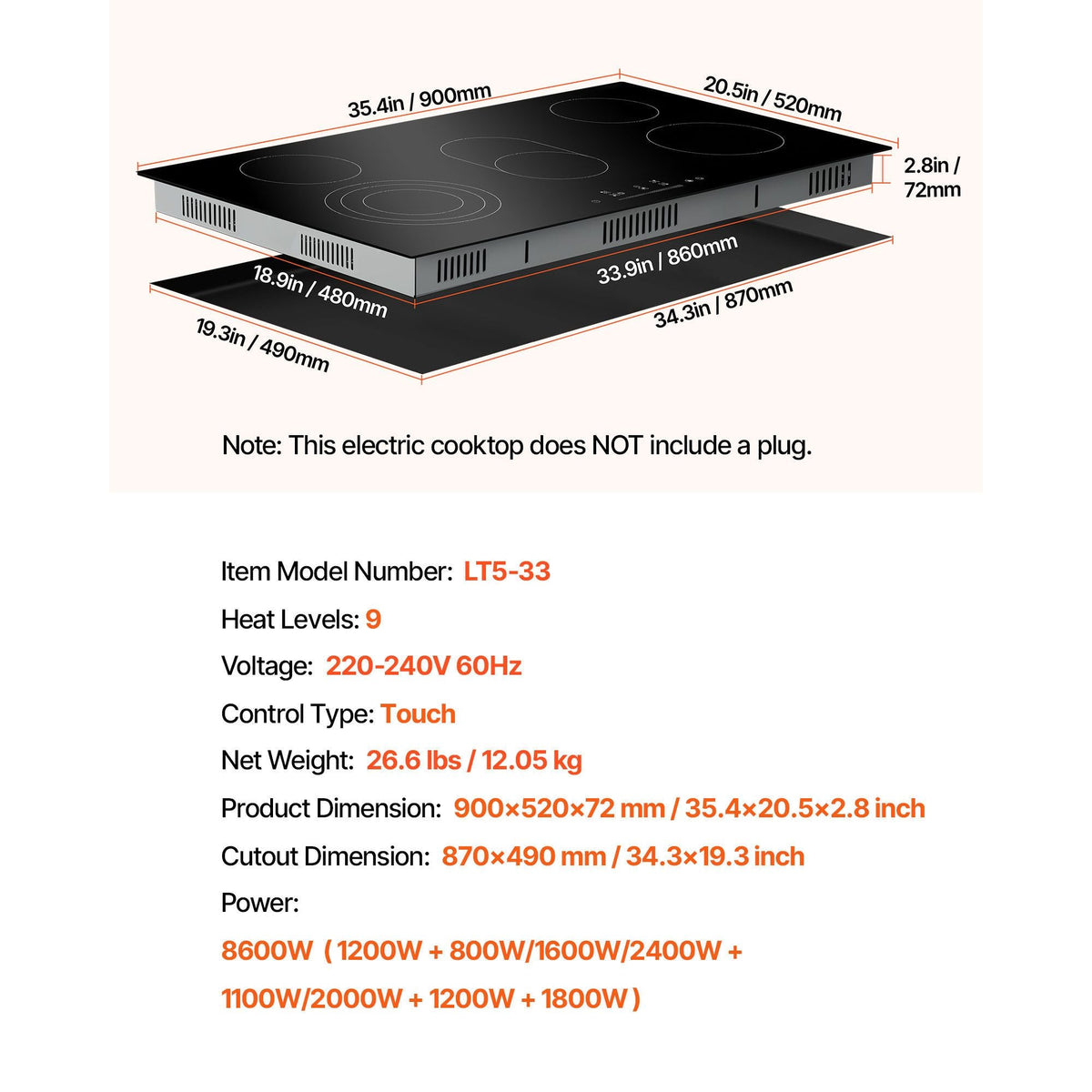 Electric Cooktop, 36 inch 5 Burners Built-in Electric Stove Top, 8600W Ceramic Top Radiant Cooktop with Glass Panel, Touch Control, Timer, Child Lock, 9 Heat Level, 220-240V, Hard Wire (No Plug)