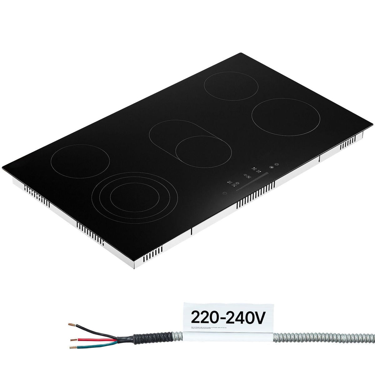 Electric Cooktop, 36 inch 5 Burners Built-in Electric Stove Top, 8600W Ceramic Top Radiant Cooktop with Glass Panel, Touch Control, Timer, Child Lock, 9 Heat Level, 220-240V, Hard Wire (No Plug)