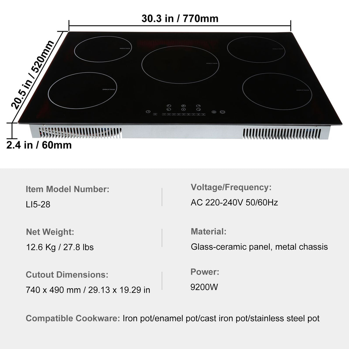 Electric Cooktop, 5 Burners, 30'' Induction Stove Top, Built-in Magnetic Cooktop 9200W, 9 Heating Level Multifunctional Burner, LED Touch Screen w/ Child Lock & Over-Temperature Protection