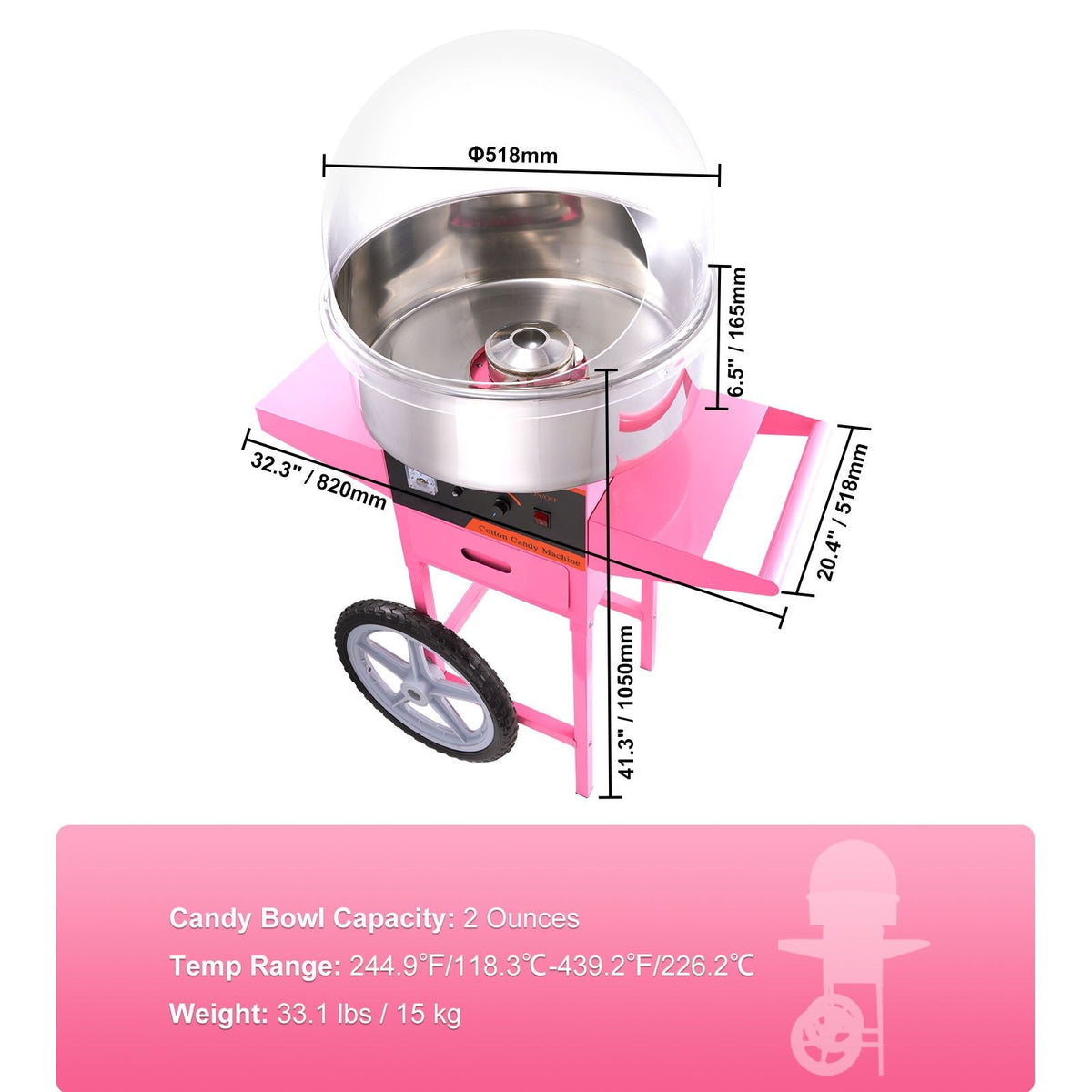 Electric Cotton Candy Machine Cart with Bubble Cover Shield, 1000W Commercial Floss Maker with Stainless Steel Bowl, Sugar Scoop and Drawer, Perfect for Home, Kids Birthday, Family Party, Pink
