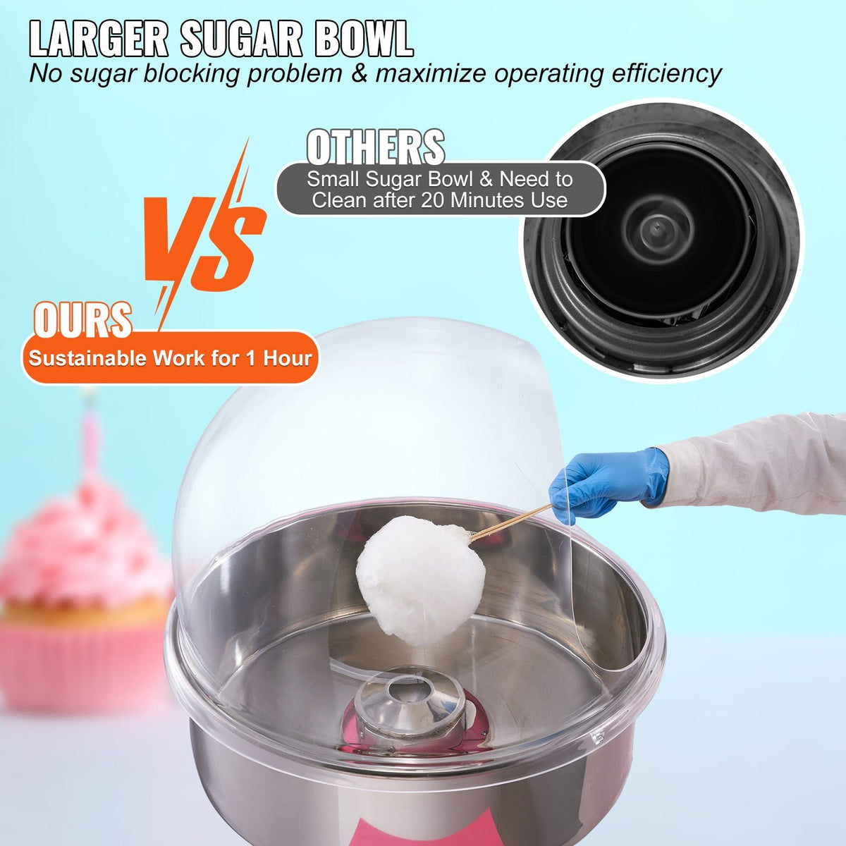 Electric Cotton Candy Machine Cart with Bubble Cover Shield, 1000W Commercial Floss Maker with Stainless Steel Bowl, Sugar Scoop and Drawer, Perfect for Home, Kids Birthday, Family Party, Pink