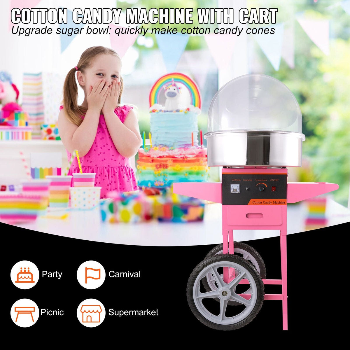 Electric Cotton Candy Machine Cart with Bubble Cover Shield, 1000W Commercial Floss Maker with Stainless Steel Bowl, Sugar Scoop and Drawer, Perfect for Home, Kids Birthday, Family Party, Pink