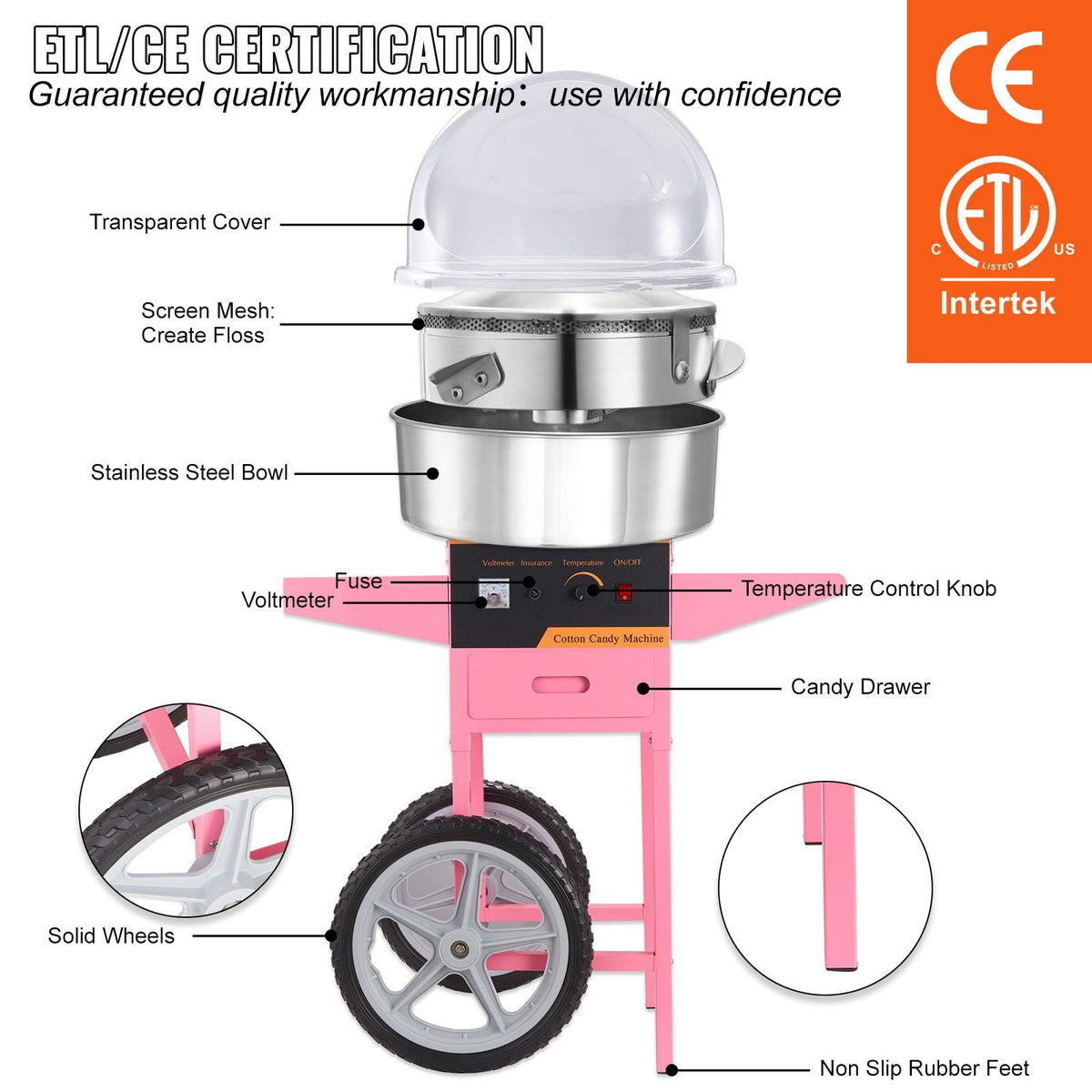 Electric Cotton Candy Machine Cart with Bubble Cover Shield, 1000W Commercial Floss Maker with Stainless Steel Bowl, Sugar Scoop and Drawer, Perfect for Home, Kids Birthday, Family Party, Pink