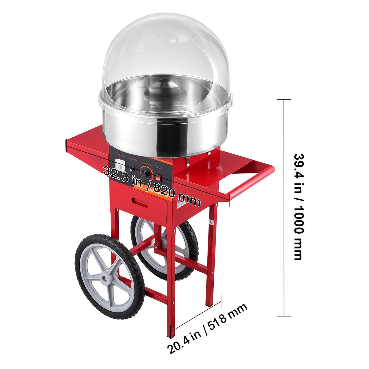 Electric Cotton Candy Machine with Cart, 1000W Commercial Candy Floss Maker with Cover, Stainless Steel Bowl, Sugar Scoop and Drawer, Perfect for Home, Kids Birthday, Family Party, Red