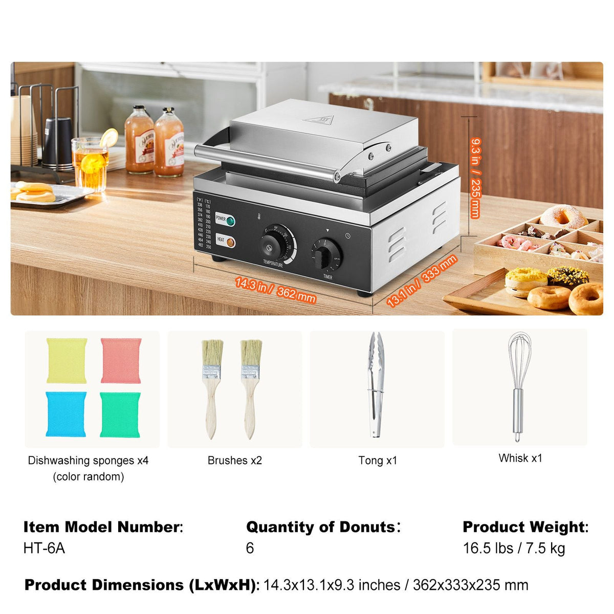 Electric Donut Maker, 1550W Commercial Doughnut Machine with Non-stick Surface, 6 Holes Double-Sided Heating Waffle Machine Makes 6 Doughnuts, Temperature 122-572 F, for Restaurant and Home Use