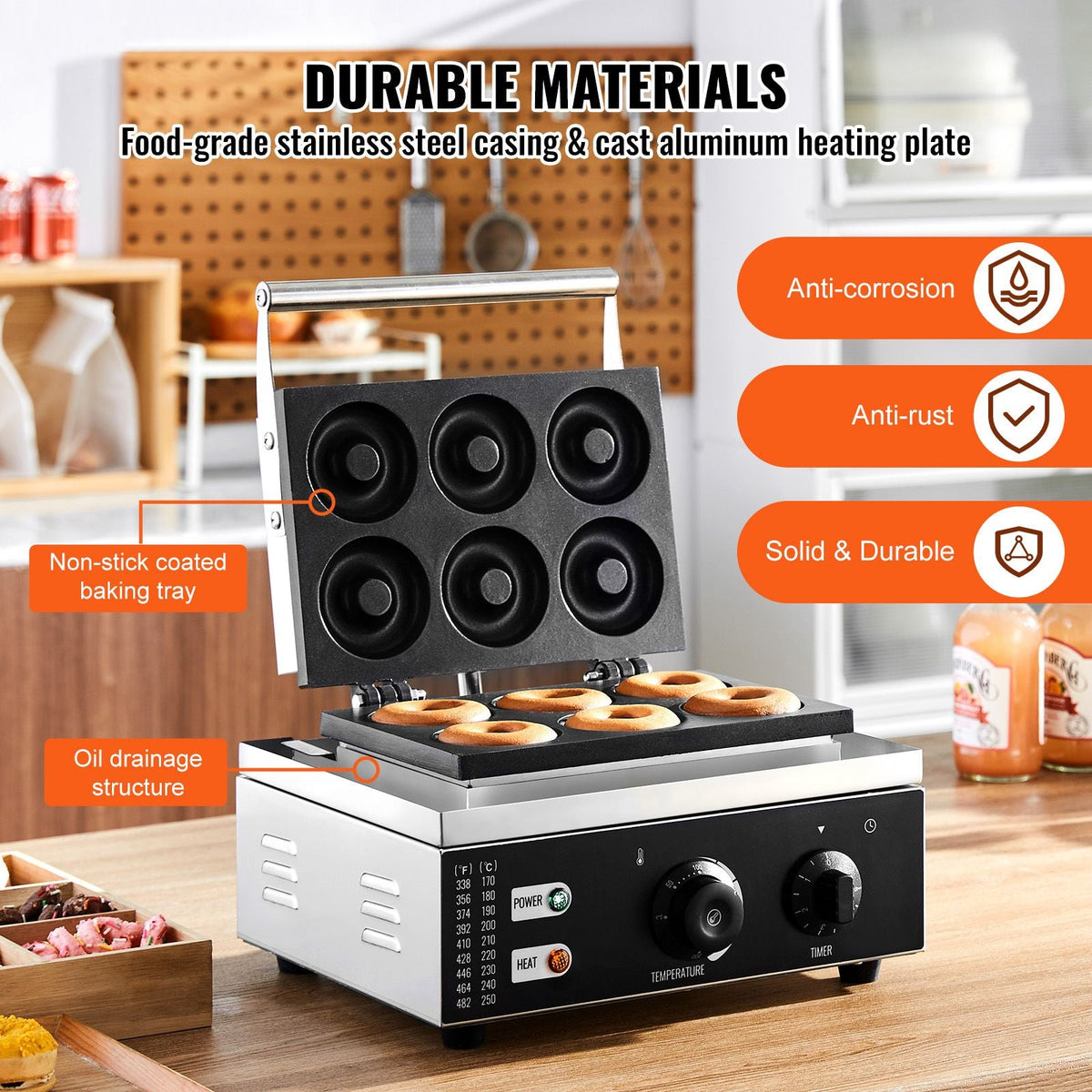Electric Donut Maker, 1550W Commercial Doughnut Machine with Non-stick Surface, 6 Holes Double-Sided Heating Waffle Machine Makes 6 Doughnuts, Temperature 122-572 F, for Restaurant and Home Use