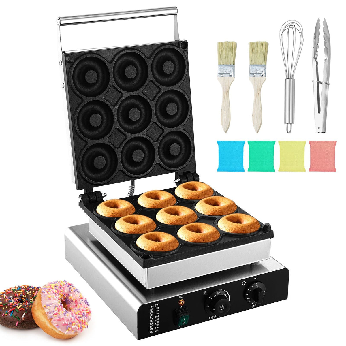 Electric Donut Maker, 2000W Commercial Doughnut Machine with Non-stick Surface, 9 Holes Double-Sided Heating Waffle Machine Makes 9 Doughnuts, Temperature 122-572 F, for Restaurant and Home Use