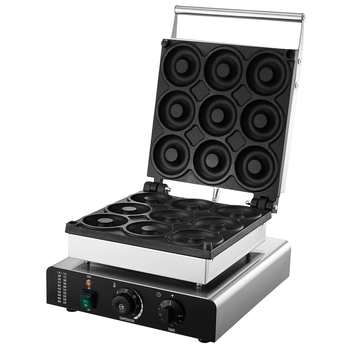 Electric Donut Maker, 2000W Commercial Doughnut Machine with Non-stick Surface, 9 Holes Double-Sided Heating Waffle Machine Makes 9 Doughnuts, Temperature 122-572 F, for Restaurant and Home Use