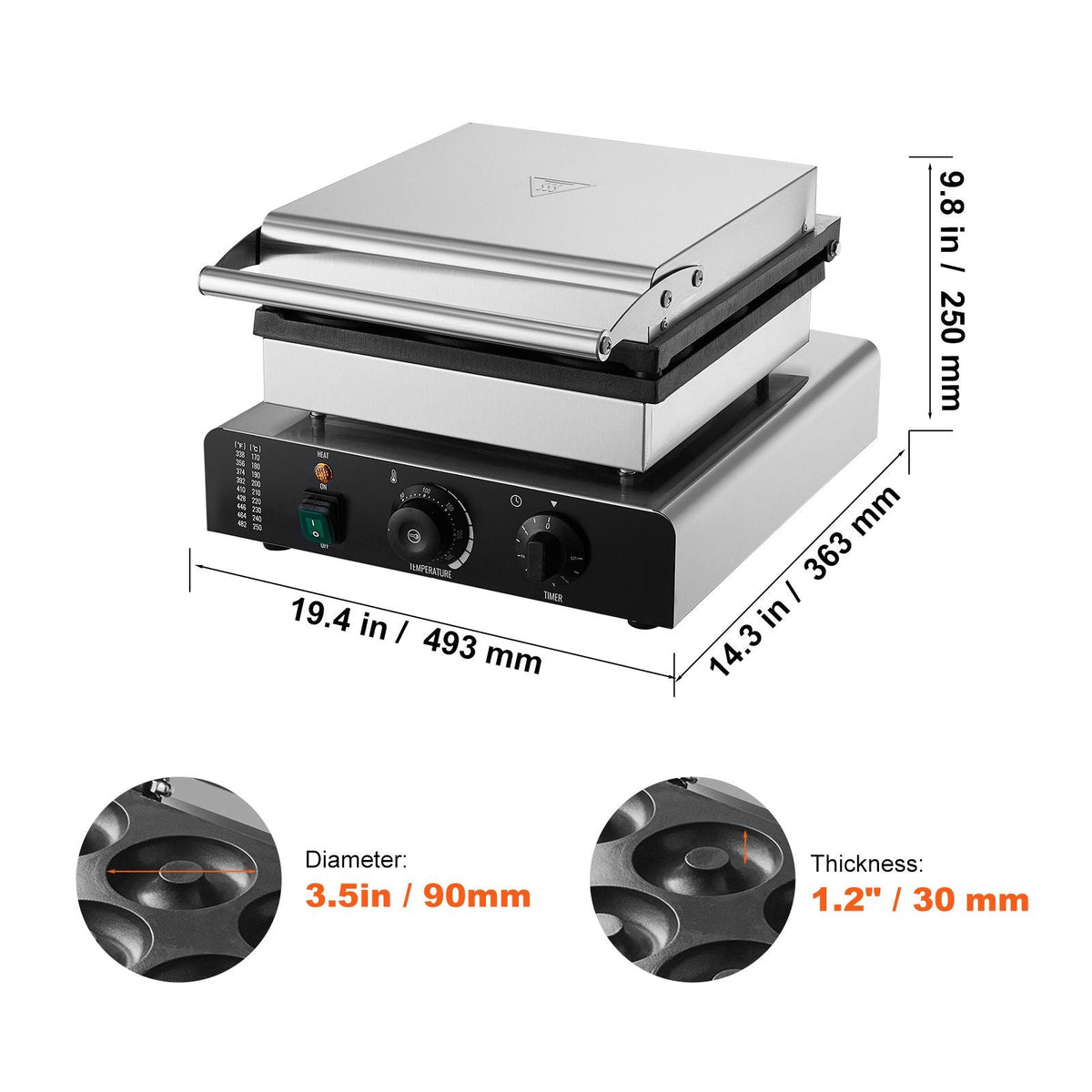 Electric Donut Maker, 2000W Commercial Doughnut Machine with Non-stick Surface, 9 Holes Double-Sided Heating Waffle Machine Makes 9 Doughnuts, Temperature 122-572 F, for Restaurant and Home Use
