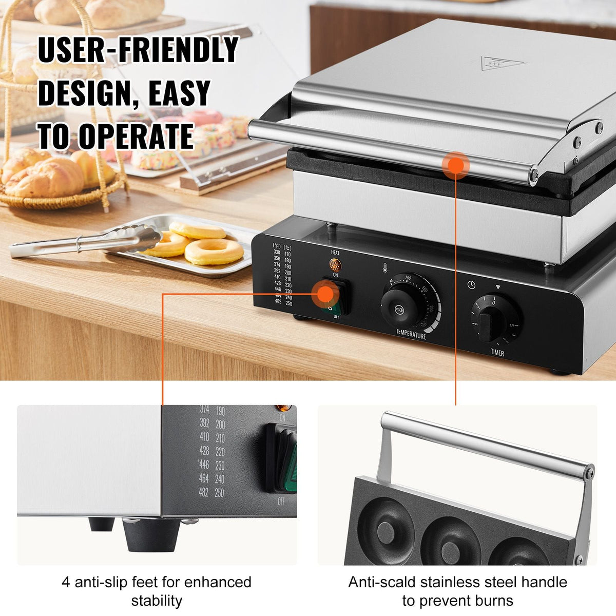 Electric Donut Maker, 2000W Commercial Doughnut Machine with Non-stick Surface, 9 Holes Double-Sided Heating Waffle Machine Makes 9 Doughnuts, Temperature 122-572 F, for Restaurant and Home Use