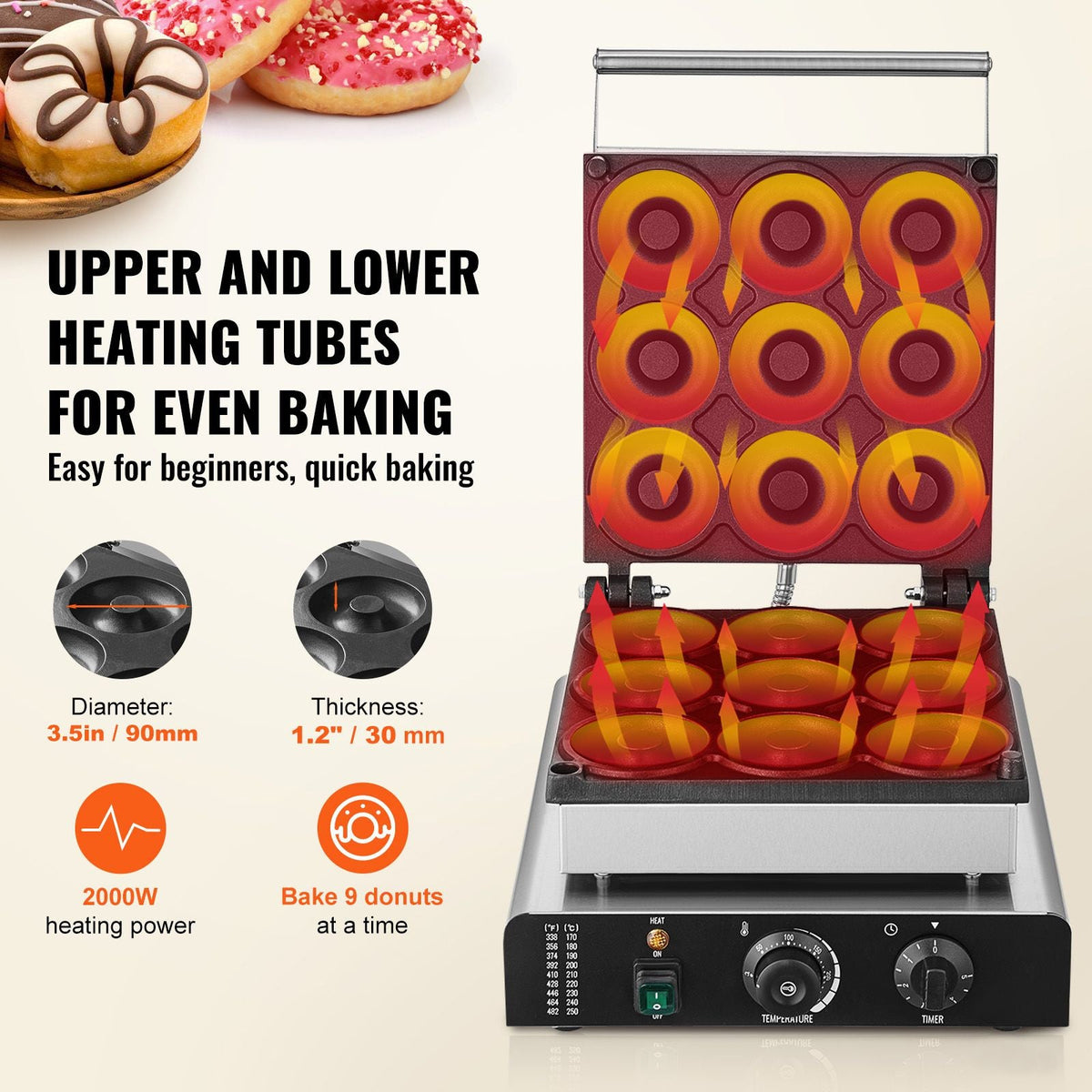 Electric Donut Maker, 2000W Commercial Doughnut Machine with Non-stick Surface, 9 Holes Double-Sided Heating Waffle Machine Makes 9 Doughnuts, Temperature 122-572 F, for Restaurant and Home Use
