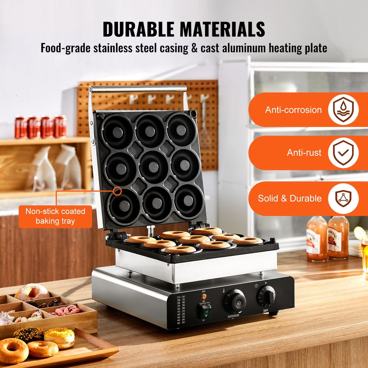 Electric Donut Maker, 2000W Commercial Doughnut Machine with Non-stick Surface, 9 Holes Double-Sided Heating Waffle Machine Makes 9 Doughnuts, Temperature 122-572 F, for Restaurant and Home Use