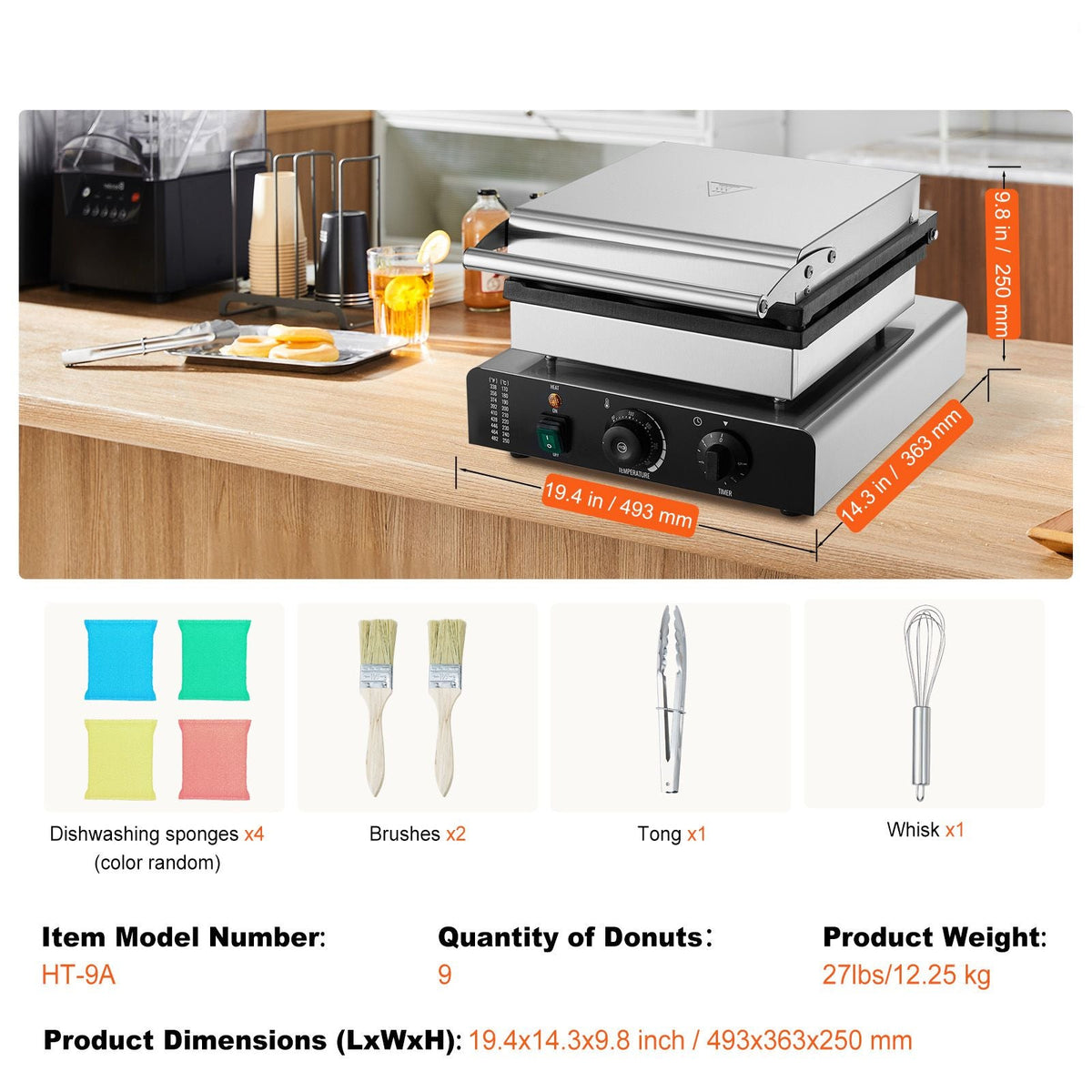 Electric Donut Maker, 2000W Commercial Doughnut Machine with Non-stick Surface, 9 Holes Double-Sided Heating Waffle Machine Makes 9 Doughnuts, Temperature 122-572 F, for Restaurant and Home Use
