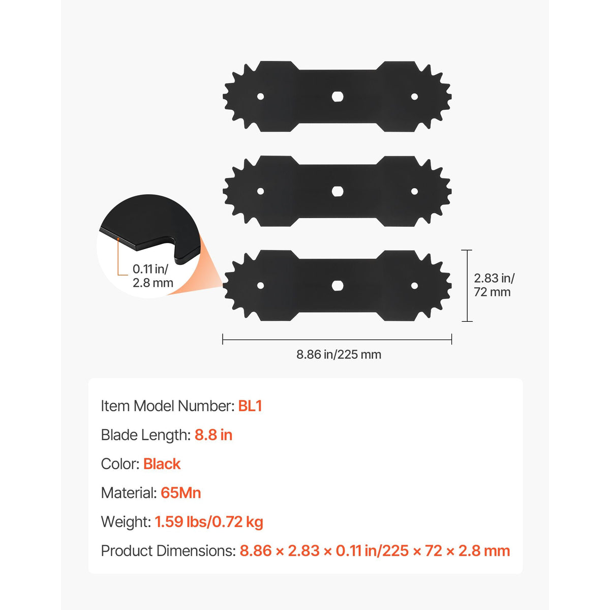 Electric Edger Blades, 8.8-inch Length, 3-Pack Replacement Blades, 65Mn High-Carbon Steel with Electrophoretic Coating, Multi-Serrated Sharp Edge, Compatible with the ASYTM01230 Edger