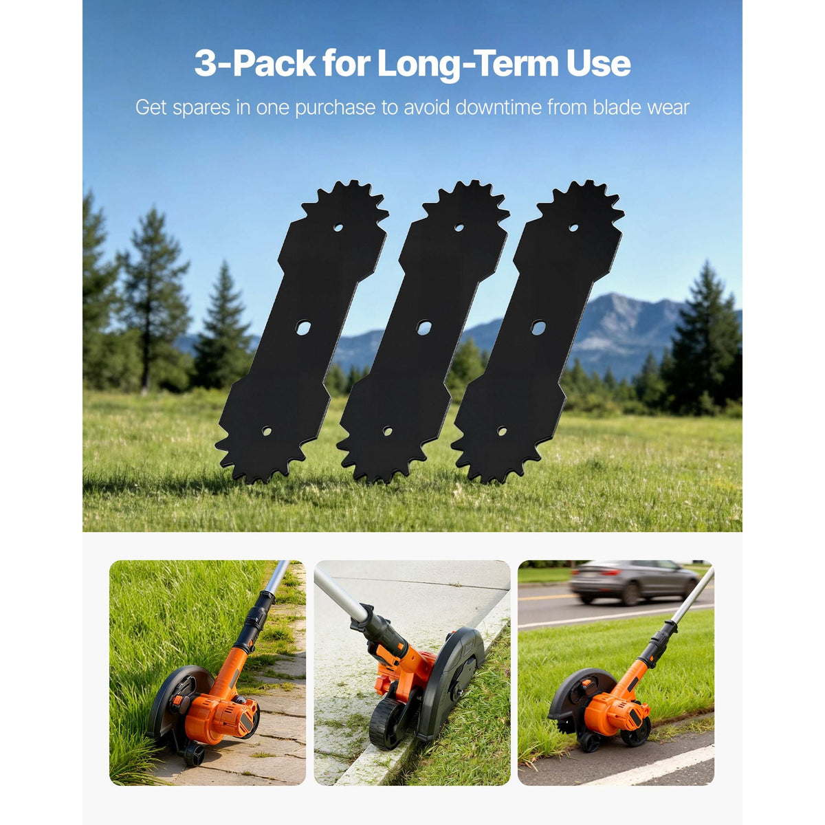 Electric Edger Blades, 8.8-inch Length, 3-Pack Replacement Blades, 65Mn High-Carbon Steel with Electrophoretic Coating, Multi-Serrated Sharp Edge, Compatible with the ASYTM01230 Edger