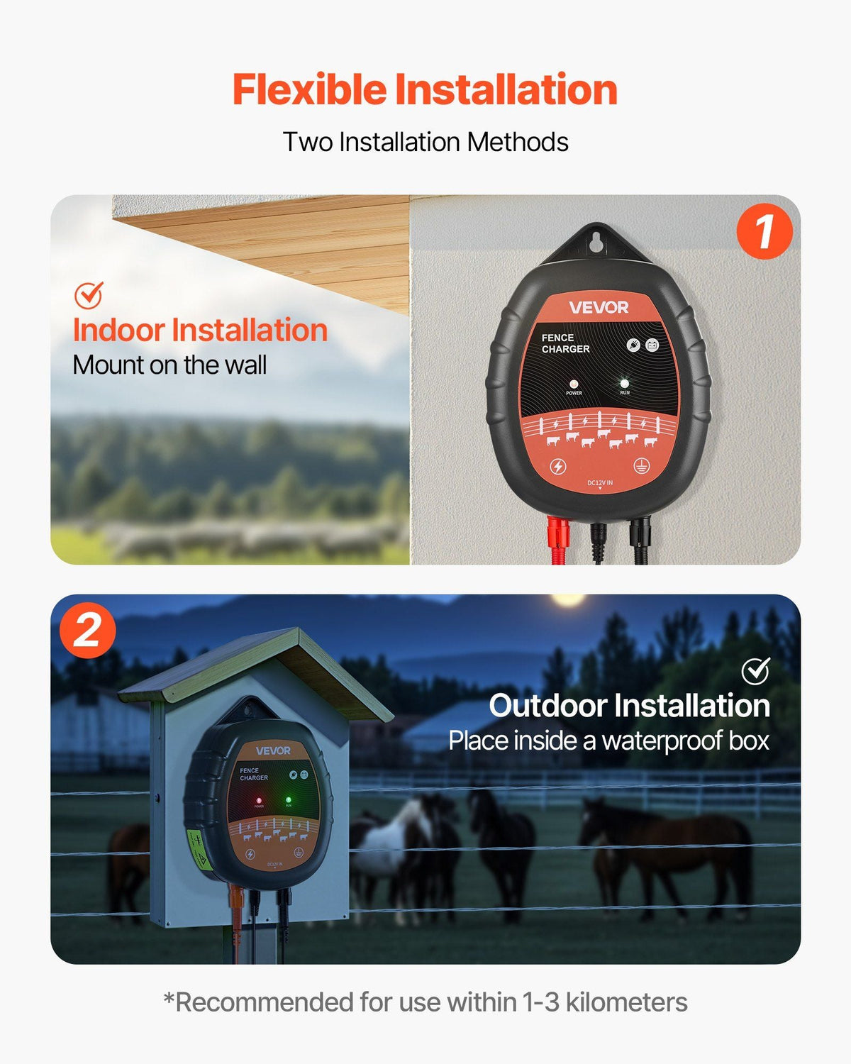 Electric Fence Charger, 10kV 1J, AC DC Electric Fence Energizer with LED Indicator, 1.86 Miles Range, Powerful Plug-in Fences Charger, Prevents Wild Animals Intrusion for Livestock Poultry