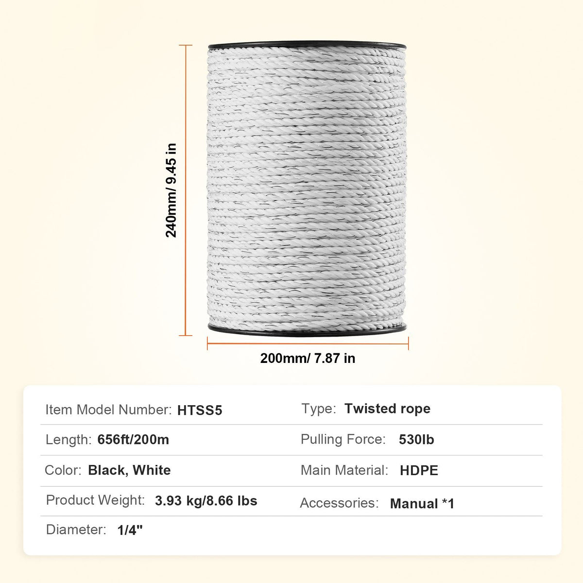 Electric Fence Wire, 656Ft 200M Portable Polywire, 1/4" Diameter 6 Stainless Steel Strands for Reliable Conductivity and UV, Rust Resistance, Fencing Rope Line for Horse, Cattle, Livestock