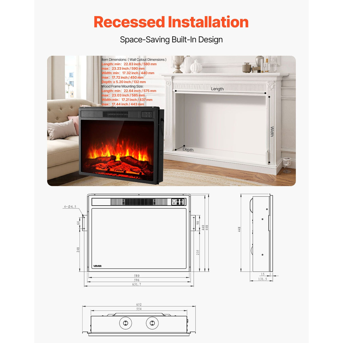 Electric Fireplace Insert, 23 inch Recessed and Wall Mounted with Adjustable 3 Flame Brightness Levels & 24h Timer & Remote Control, Indoor Heater w/ Overheat Protection, 5000BTU Black