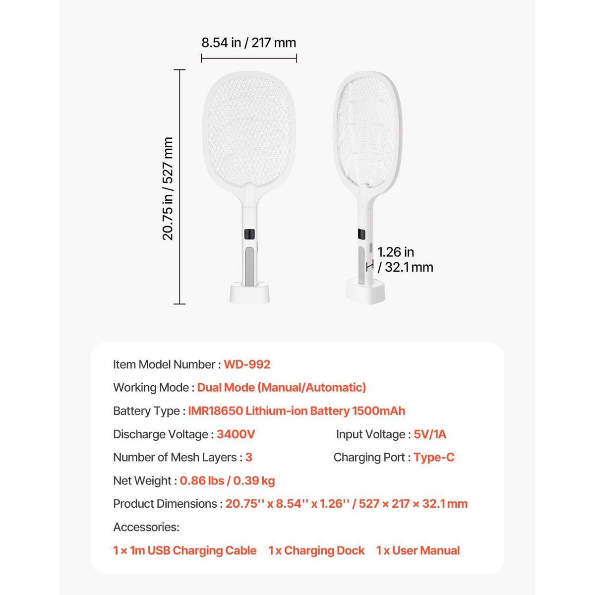 Electric Fly Swatter, Zapper Racket with 3 Layers Mesh & Digital Screen Display, Dual Modes Fly Killer with 1500mAh Battery Rechargeable for Home, Bedroom, Kitchen and Patio, White