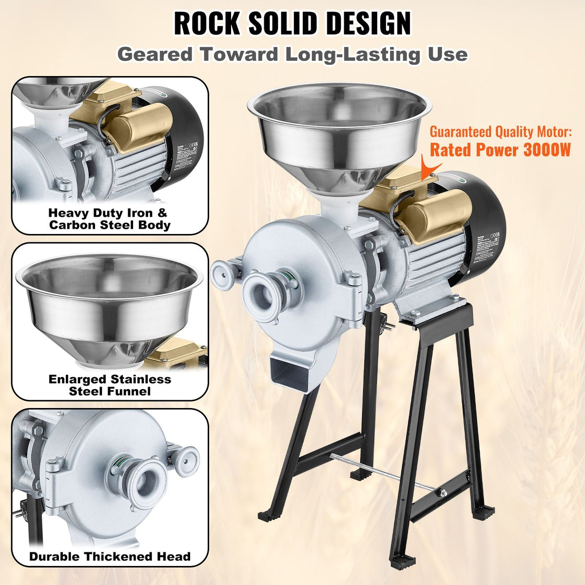 Electric Grain Mill Grinder, 3000W Spice Grinders, Commercial Corn Mill with Funnel, Thickness Adjustable Powder Machine, Heavy Duty Feed Flour Cereal Mill Wheat Grinders, Dry & Wet Grinder