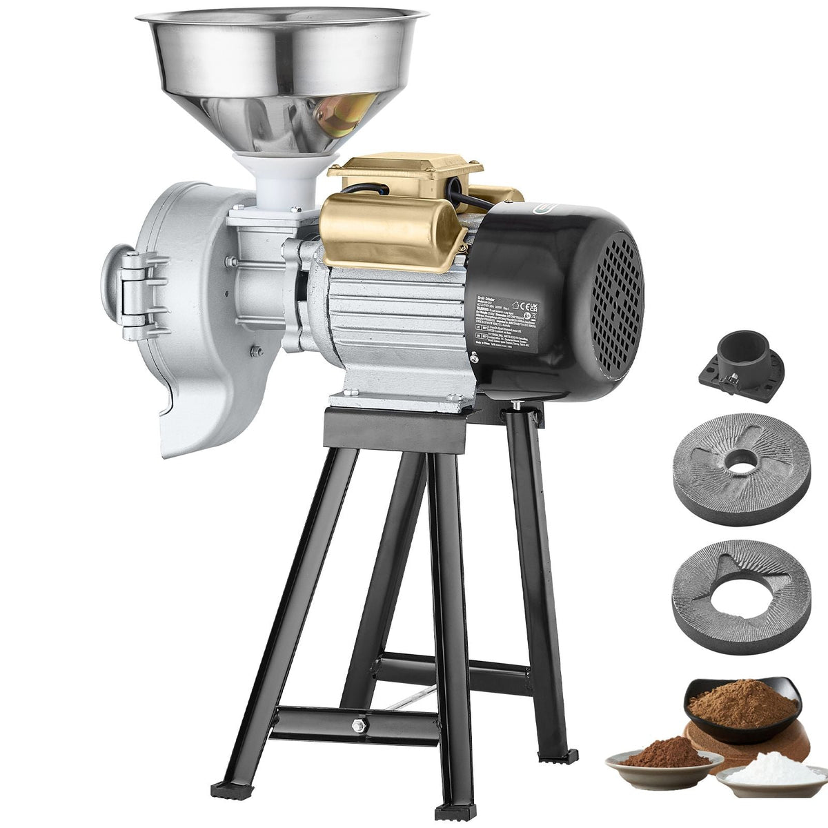 Electric Grain Mill Grinder, 3000W Spice Grinders, Commercial Corn Mill with Funnel, Thickness Adjustable Powder Machine, Heavy Duty Feed Flour Cereal Mill Wheat Grinders, Dry & Wet Grinder