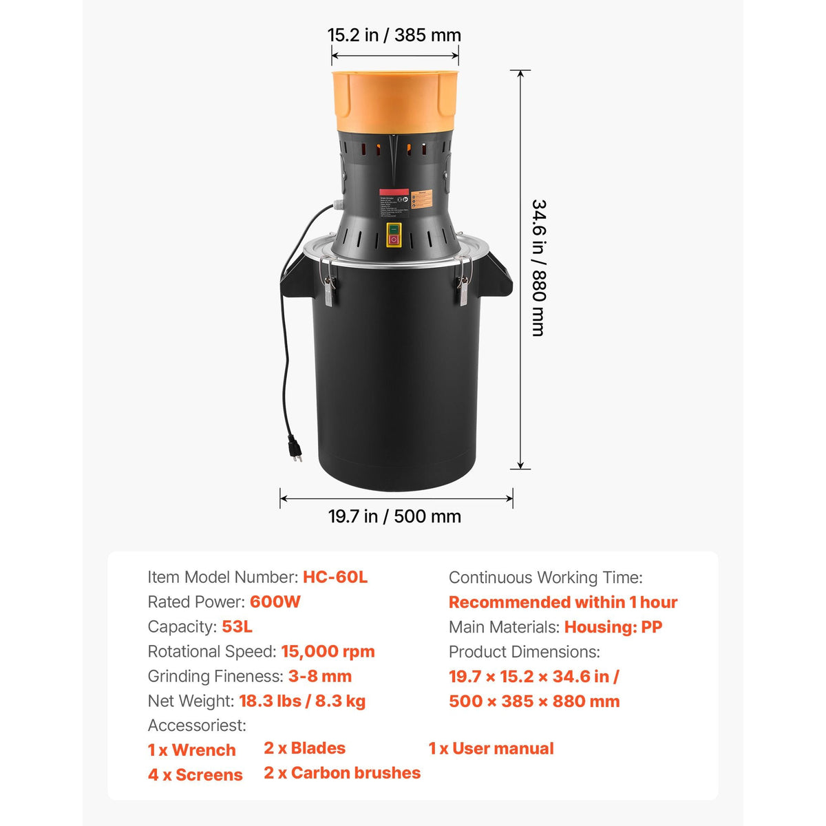 Electric Grain Mill Grinder, 600W High Power Commercial Spice Grinder, 14 Gal Pulverizer Powder Machine with Galvanized Sharp Blades, for Dry Grains, Spices, Cereals, Coffee, Corn & Pepper