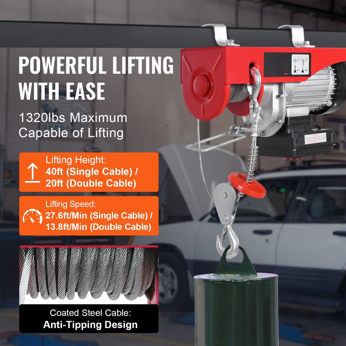 Electric Hoist Crane Winch 1320 lbs 328 ft Wireless & 14 ft Wired Remote