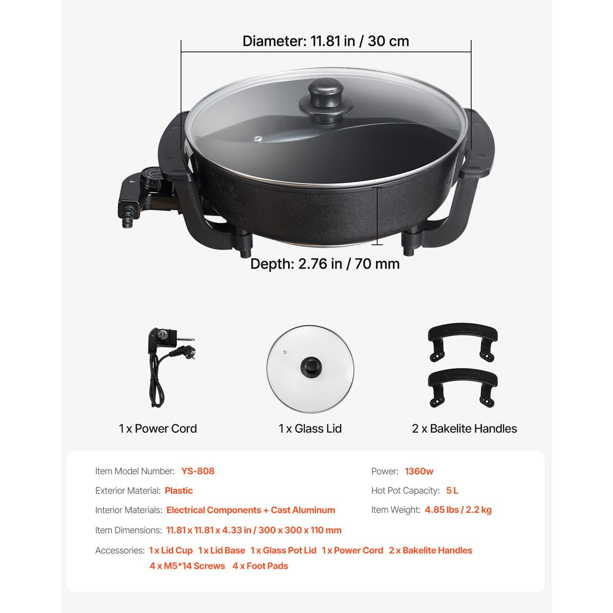 Electric Hot Pot, 1360W 5 L Double-flavor Shabu Shabu Pot, Non-Stick Electric Cooker with Divider, Clear Glass Lid, Temperature control, Chinese Hotpot for 6-10 People Family Dinning & Party