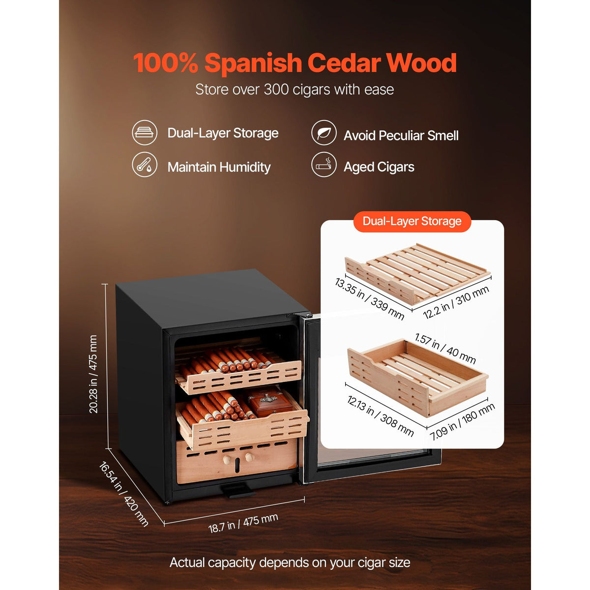Electric Humidor, 50L, 300 Counts Electric Cigar Humidor Cabinet with Compressor Cooling, Constant Humidity & Temperature Control, Spanish Cedar Wood Shelves & Drawers, 2 Layers, for Household
