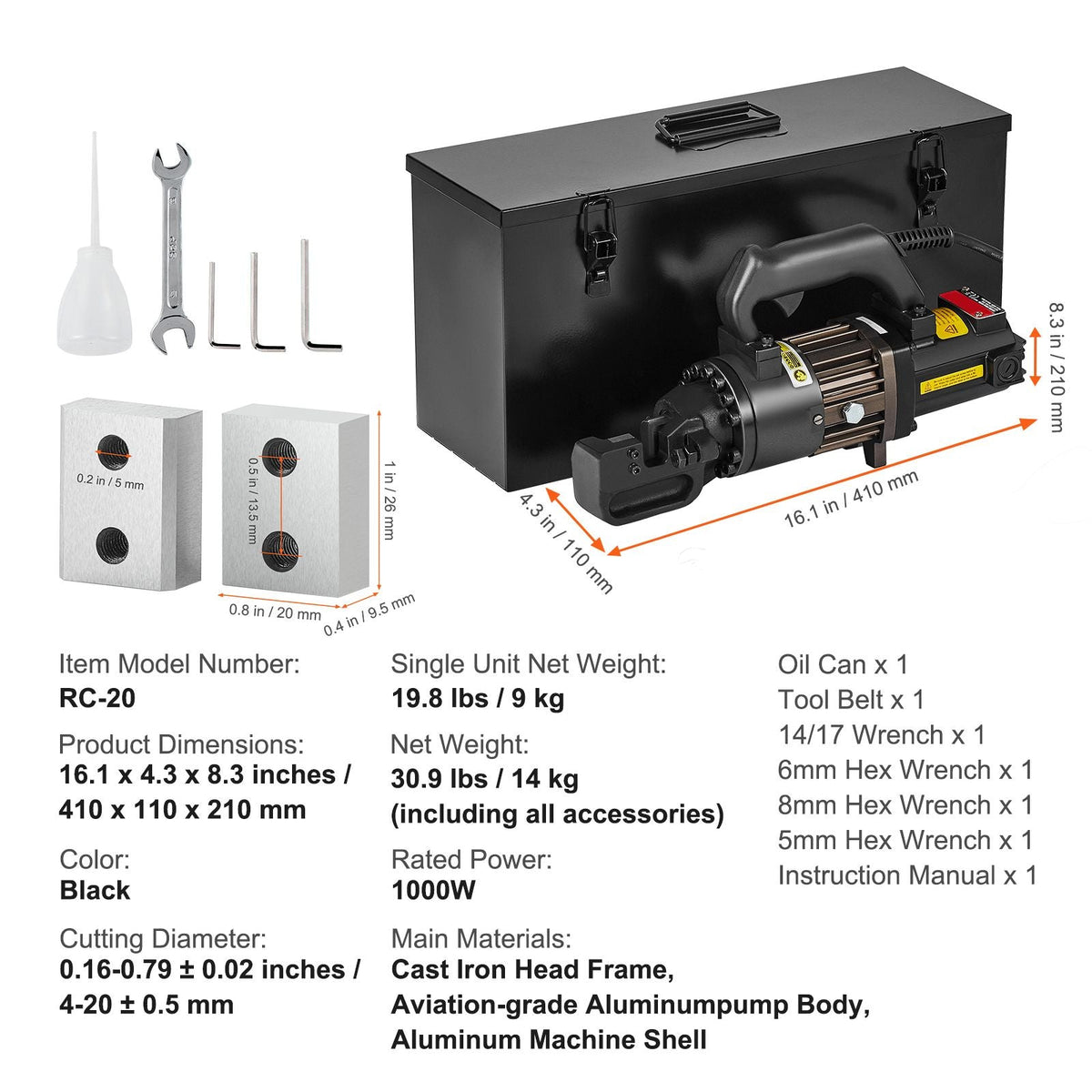 Electric Hydraulic Rebar Cutter, 1000W Portable Rebar Cutter, Cutting up to 3/4 Inch #6 4-20mm Rebar within 2.5 Seconds, High Power Steel Rebar Cutter with Oil Can Rich Accessories,Black RC-20