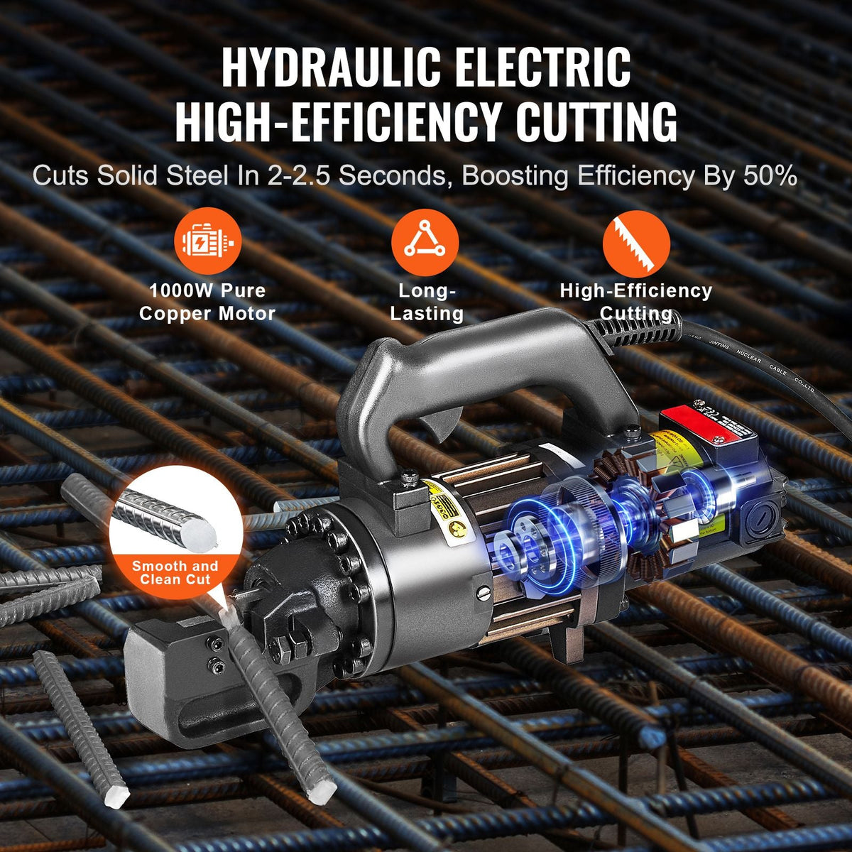 Electric Hydraulic Rebar Cutter, 1000W Portable Rebar Cutter, Cutting up to 3/4 Inch #6 4-20mm Rebar within 2.5 Seconds, High Power Steel Rebar Cutter with Oil Can Rich Accessories,Black RC-20