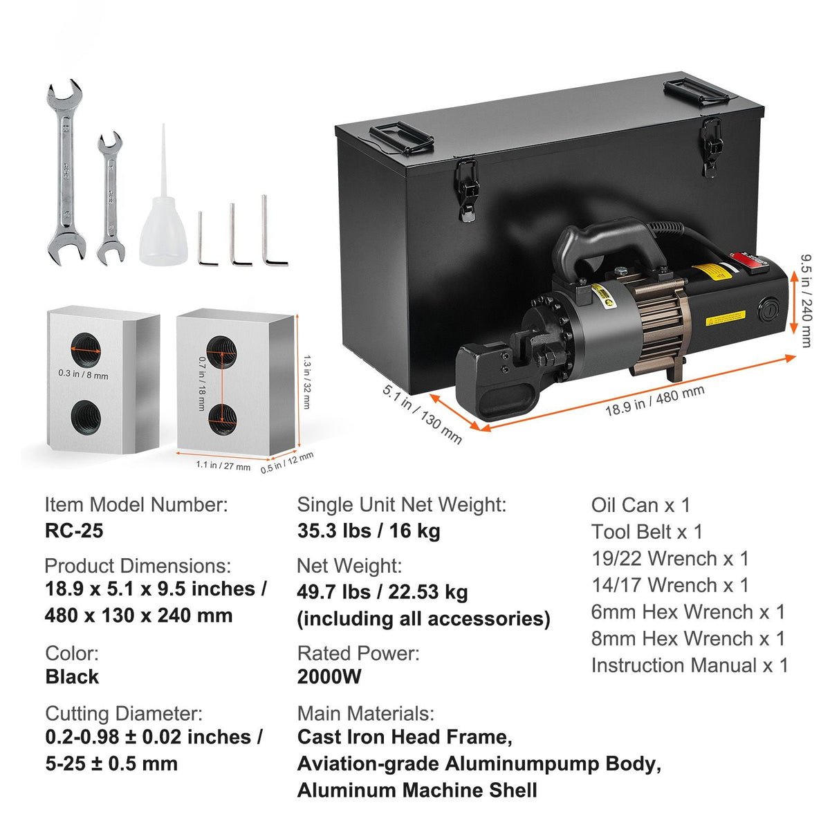 Electric Hydraulic Rebar Cutter, 2000W Portable Rebar Cutter, Cutting up to 1 Inch #8 4-25mm Rebar within 3.5 Seconds, High Power Steel Rebar Cutter with Oil Can Rich Accessories,Black RC-25