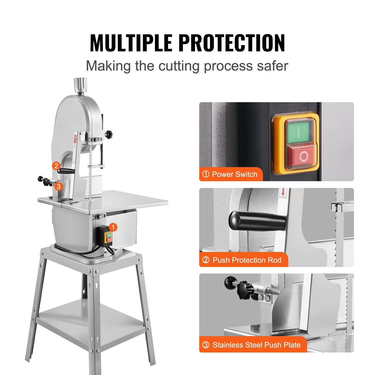 Electric Meat Saw, 1800W Stainless Vertical Cutter, 19.1"x15" Workbench, 7.09" Cutting Thickness, Includes 5 Blades for Slicing Frozen Meat, Pork, Beef, and Ribs