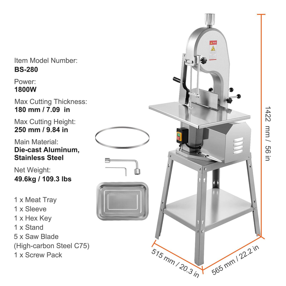 Electric Meat Saw, 1800W Stainless Vertical Cutter, 19.1"x15" Workbench, 7.09" Cutting Thickness, Includes 5 Blades for Slicing Frozen Meat, Pork, Beef, and Ribs