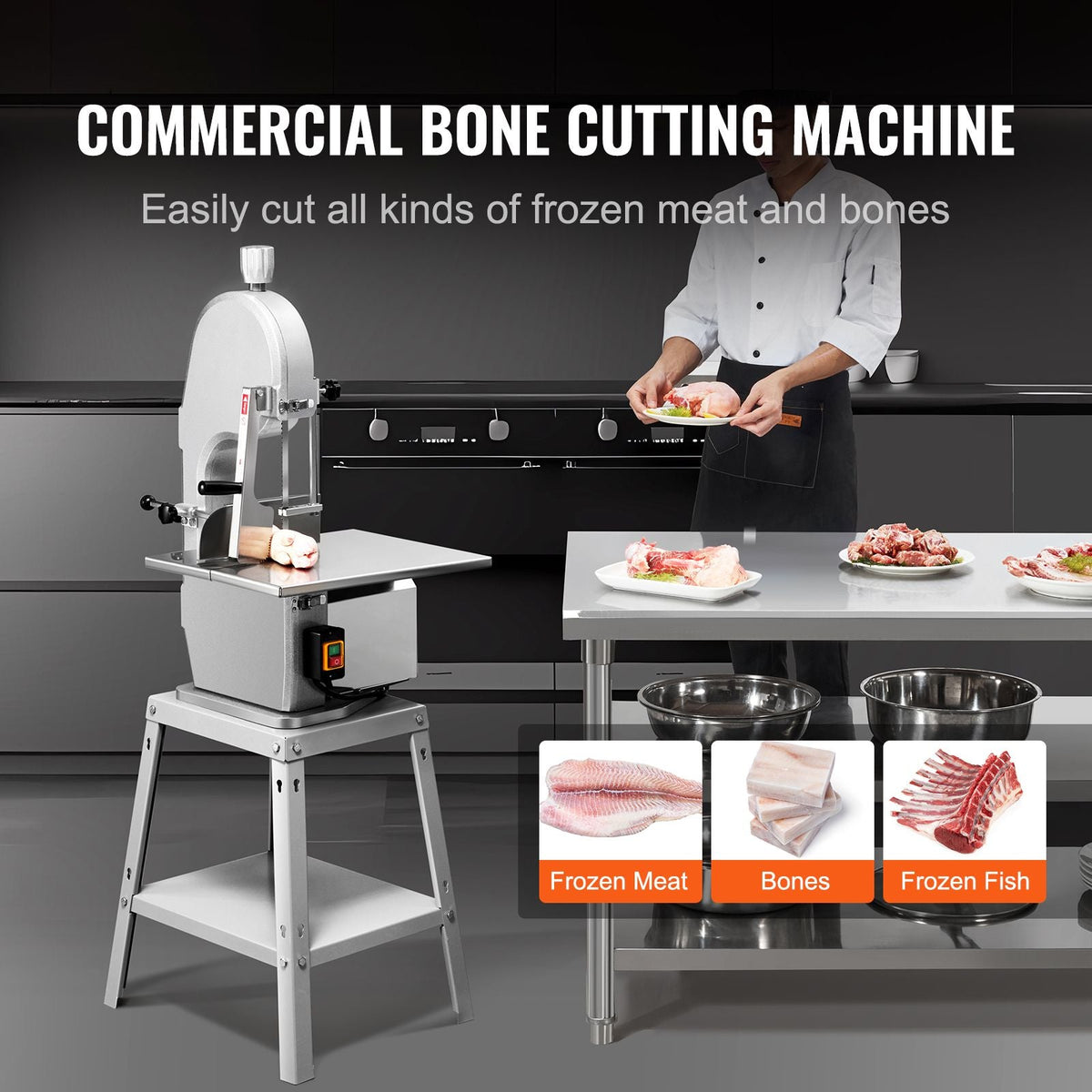 Electric Meat Saw, 1800W Stainless Vertical Cutter, 19.1"x15" Workbench, 7.09" Cutting Thickness, Includes 5 Blades for Slicing Frozen Meat, Pork, Beef, and Ribs