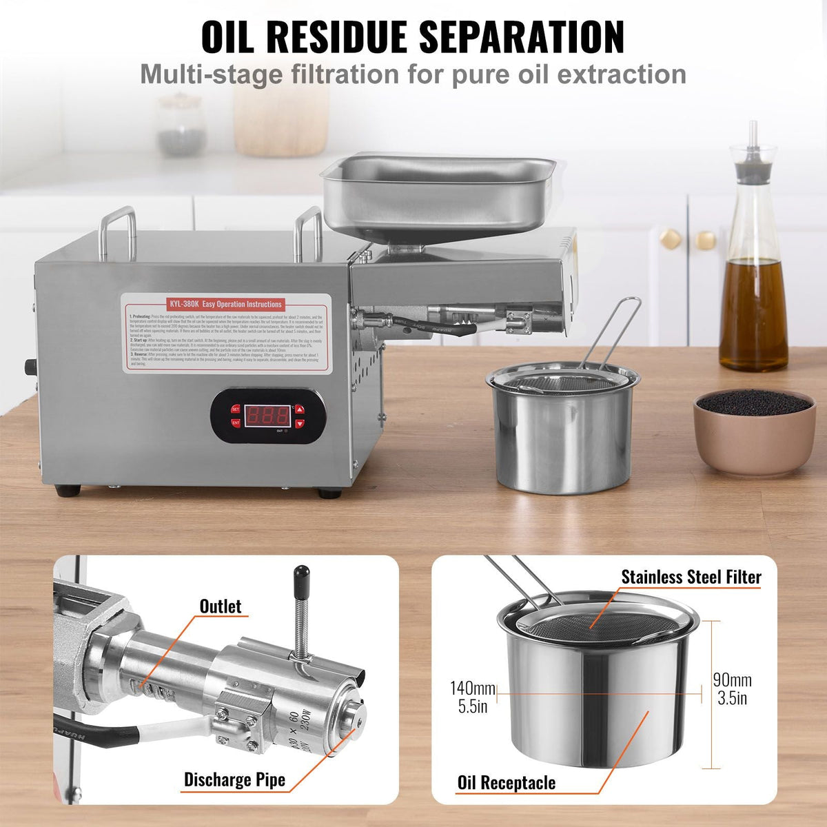 Electric Oil Press Machine, 850W Stainless Steel Oil Extractor Machine, 0-300 C / 32 - 572 F Adjustable Temp, Hot Press Oil Expeller for Pressing Peanuts, Sesame Seeds, Rapeseed, Tea Seeds