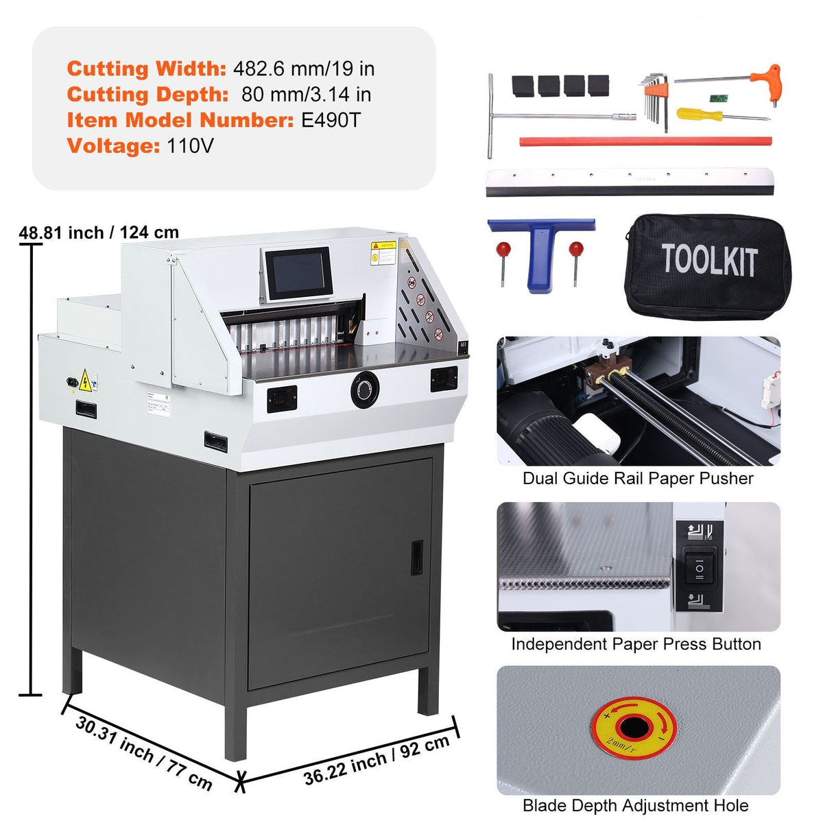 Electric Paper Cutter, Heavy Duty Paper Trimmer 19" /482.6mm Cutting Width, 3.14"/80mm Cutting Thickness, Electric Paper Cutting Machine with 7" Touchscreen Numerical Control Function