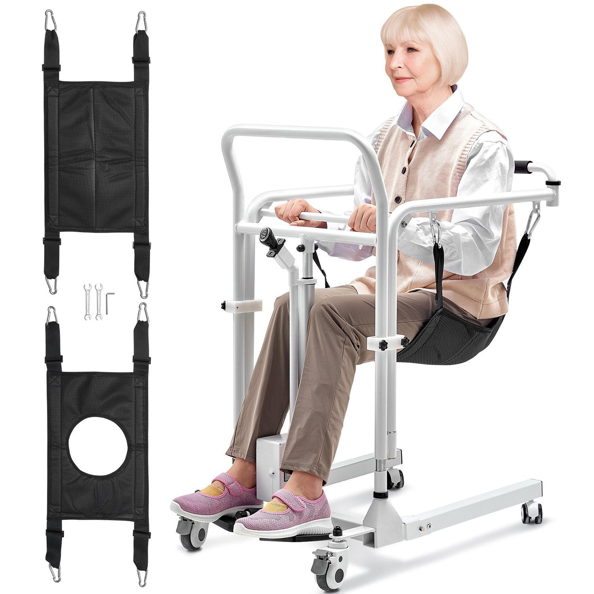 Electric Patient Lift Transfer Chair, Quick-Folding Patient Lift Wheelchair with Adjustable Height, Bedside Commode Toilet Chair with Wheels & 2 Seat Cushion for Senior Disabled, 220LBS Capacity