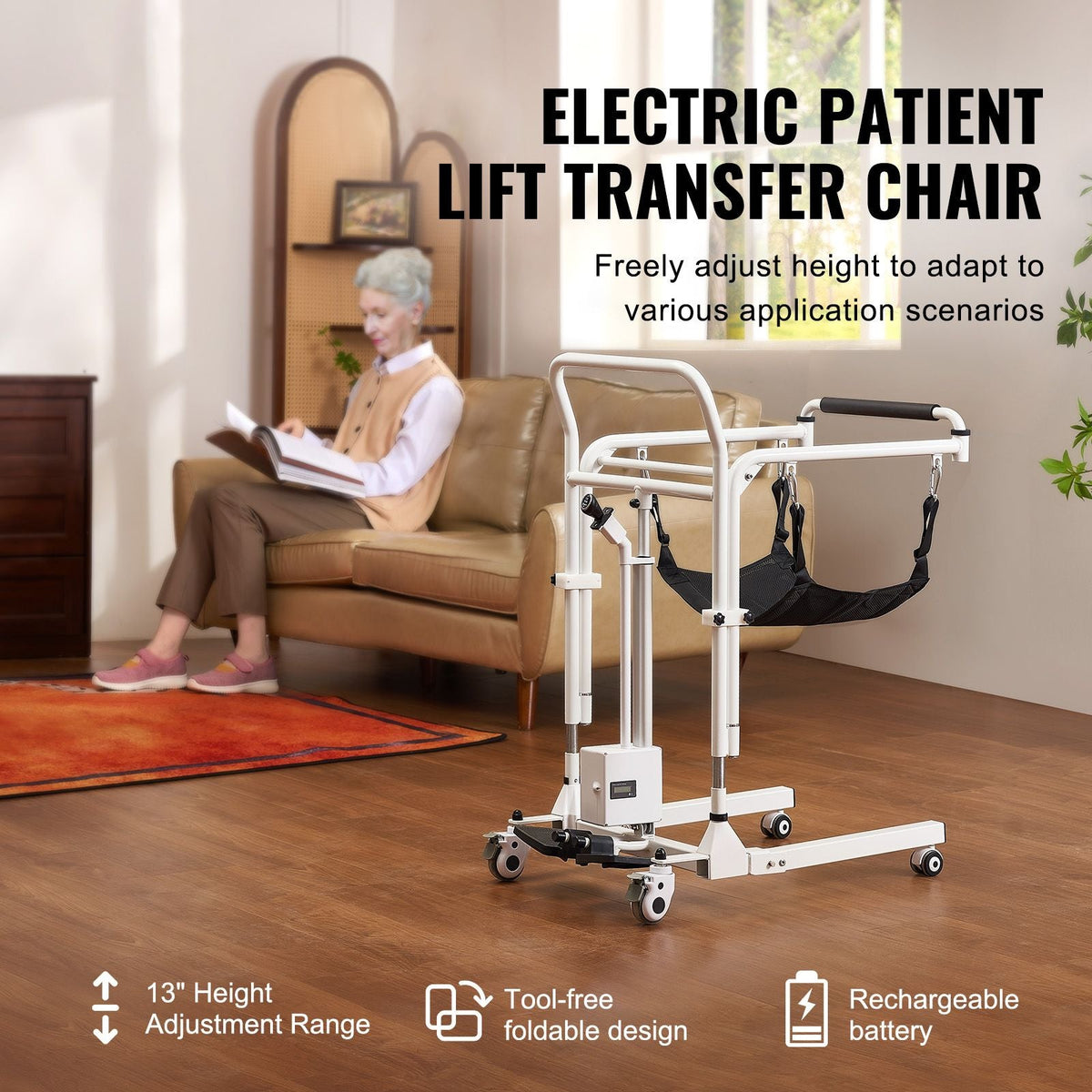 Electric Patient Lift Transfer Chair, Quick-Folding Patient Lift Wheelchair with Adjustable Height, Bedside Commode Toilet Chair with Wheels & 2 Seat Cushion for Senior Disabled, 220LBS Capacity
