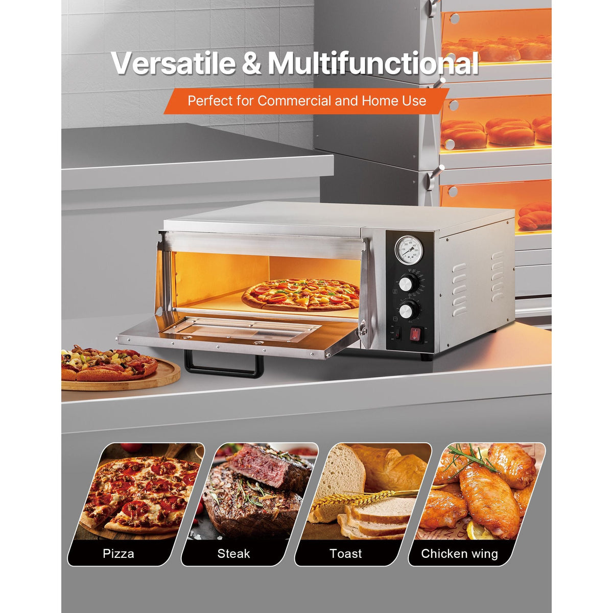 Electric Pizza Oven, 18-Inch Commercial Pizza Ovens, 842 Fahrenheit Max Temp, 1740W Large Pizza Oven Countertop with Temp & Time Control, Built in Thermometer Indoor Pizza Maker