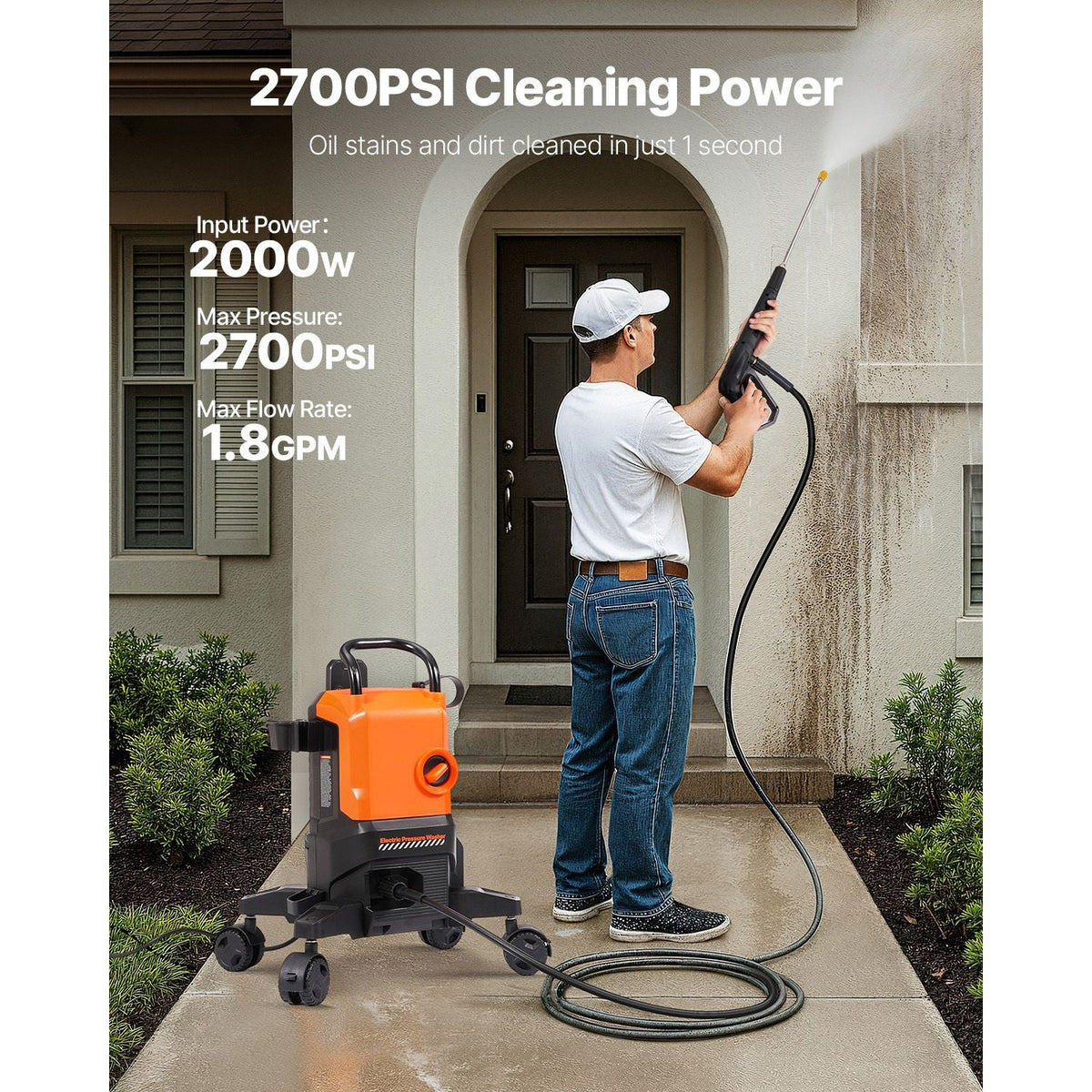 Electric Pressure Washer, Max 2700 PSI and 1.8 GPM, High Power Pressure Cleaning Machine with 4 Quick Connect Nozzles and a Foam Cannon, Ideal for Cars/Fences/Driveways/Patios/Home Cleaning