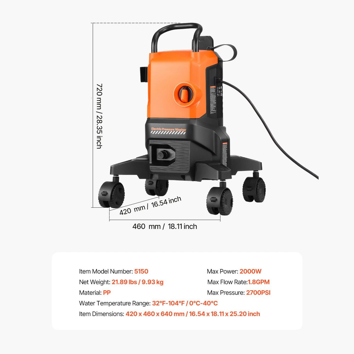 Electric Pressure Washer, Max 2700 PSI and 1.8 GPM, High Power Pressure Cleaning Machine with 4 Quick Connect Nozzles and a Foam Cannon, Ideal for Cars/Fences/Driveways/Patios/Home Cleaning