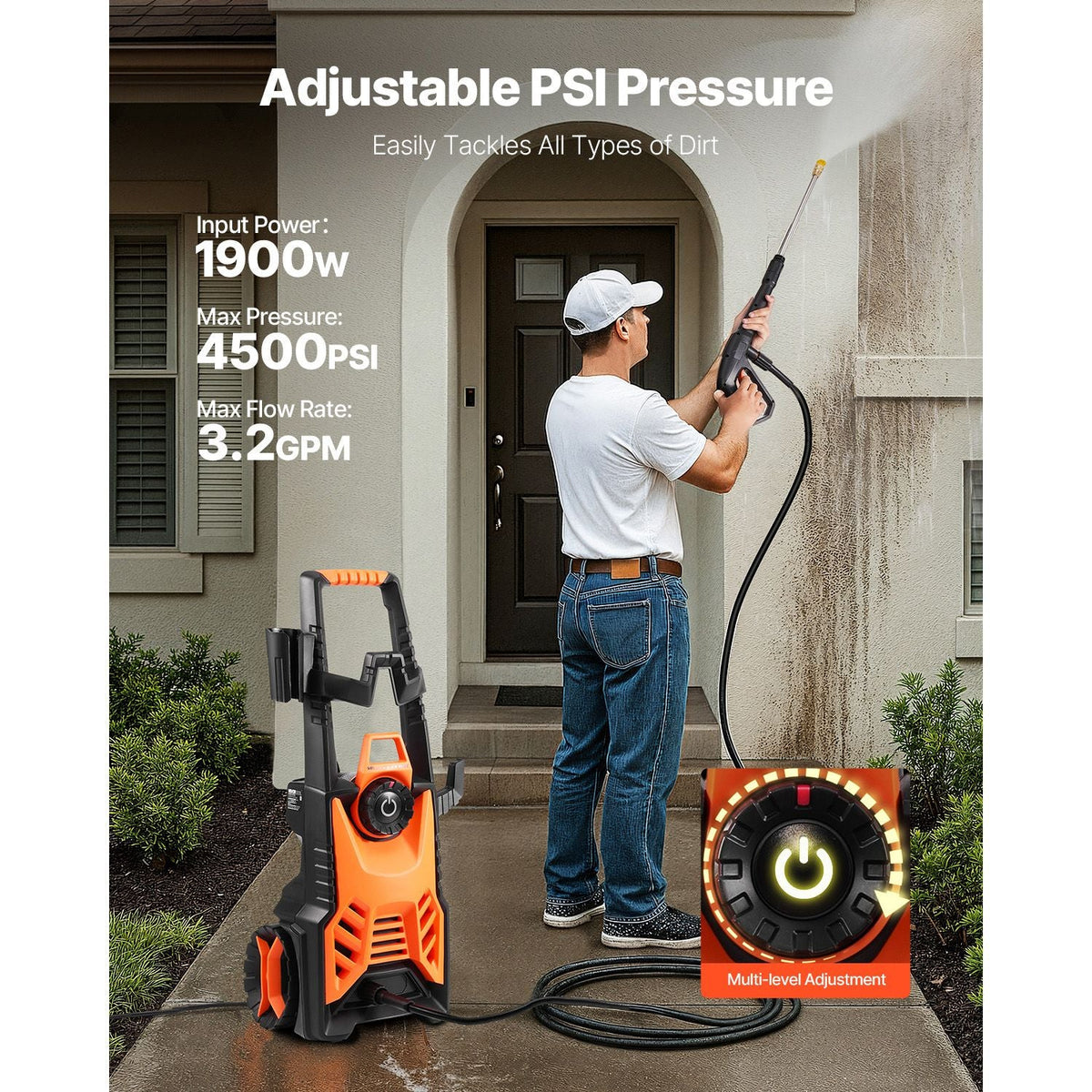 Electric Pressure Washer, Max 4500 PSI and 3.2 GPM With Pressure Adjustment, High Power Pressure Cleaning Machine with 4 Quick Connect Nozzles, for Cars/Fences/Driveways/Patios/Home Cleaning
