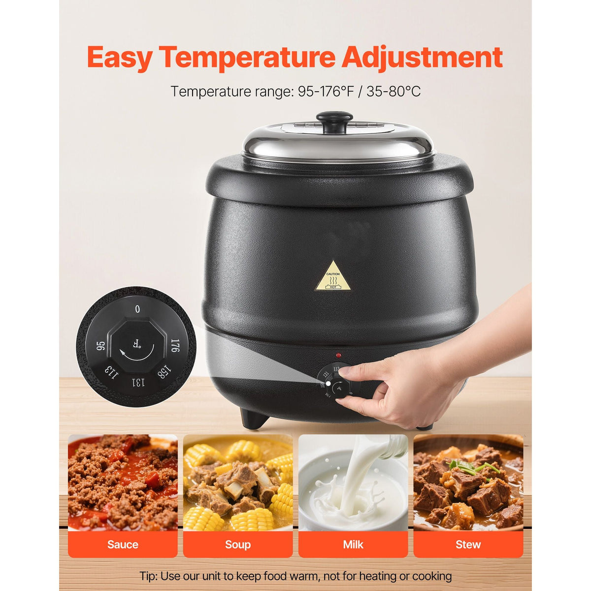Electric Soup Warmer, 10QT Commercial Soup Kettle with 304 Stainless Steel Detachable Insert Pot, 95~176 Fahrenheit Adjustable Temperature, Soup Station for Restaurant and Big Family, Black