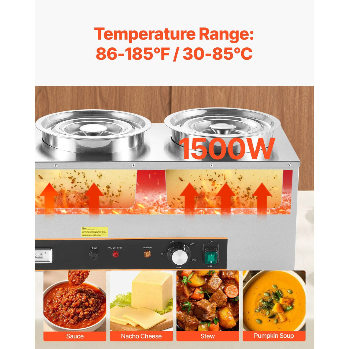 Electric Soup Warmer, Three 6.34QT Stainless Steel Round Pot with 86~185 Fahrenheit Adjustable Temp, 1500W Commercial Bain Marie with Anti-dry Burn and Reset Button, Soup Station for Buffet