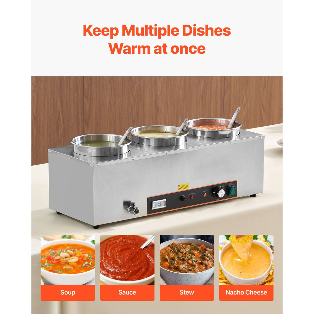 Electric Soup Warmer, Three 6.34QT Stainless Steel Round Pot with 86~185 Fahrenheit Adjustable Temp, 1500W Commercial Bain Marie with Anti-dry Burn and Reset Button, Soup Station for Buffet