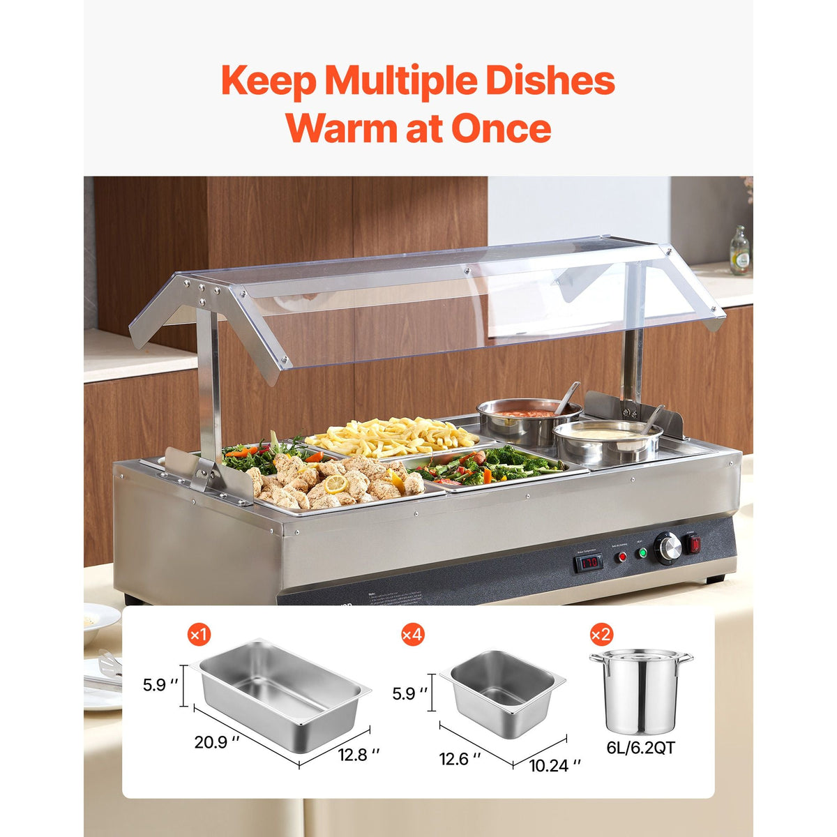 Electric Soup Warmer, Two 6.34QT Pots & Four 1/2 Pans, Stainless Steel Commercial Food Warmer with 86~185 Fahrenheit Adjustable Temp, 1500W Bain Marie with Cover, Soup Station