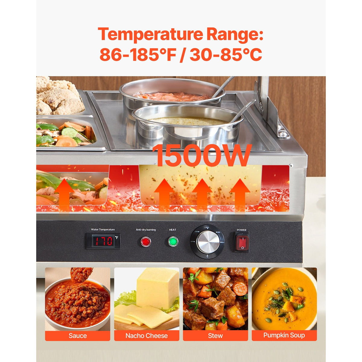 Electric Soup Warmer, Two 6.34QT Pots & Four 1/2 Pans, Stainless Steel Commercial Food Warmer with 86~185 Fahrenheit Adjustable Temp, 1500W Bain Marie with Cover, Soup Station